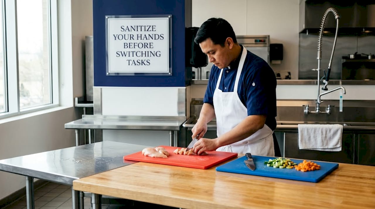 Cook separates meat and vegetables during prep