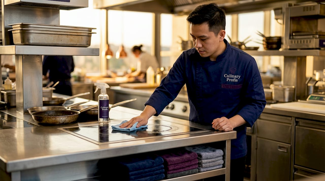 Staff cleaning induction cooktop surface