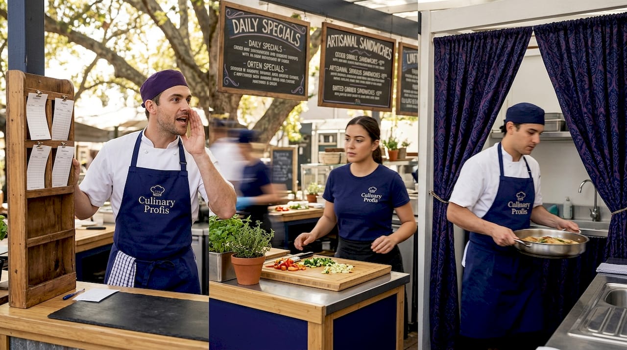 Kitchen staff simulating workflow during rush