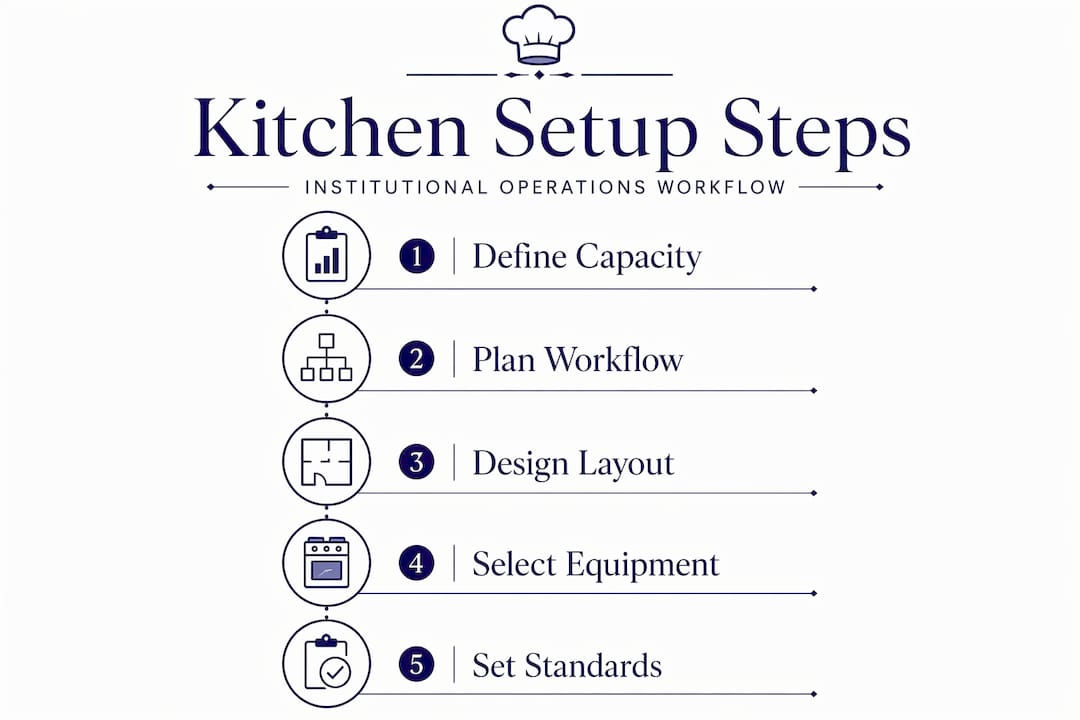 Infographic showing five-step kitchen setup process