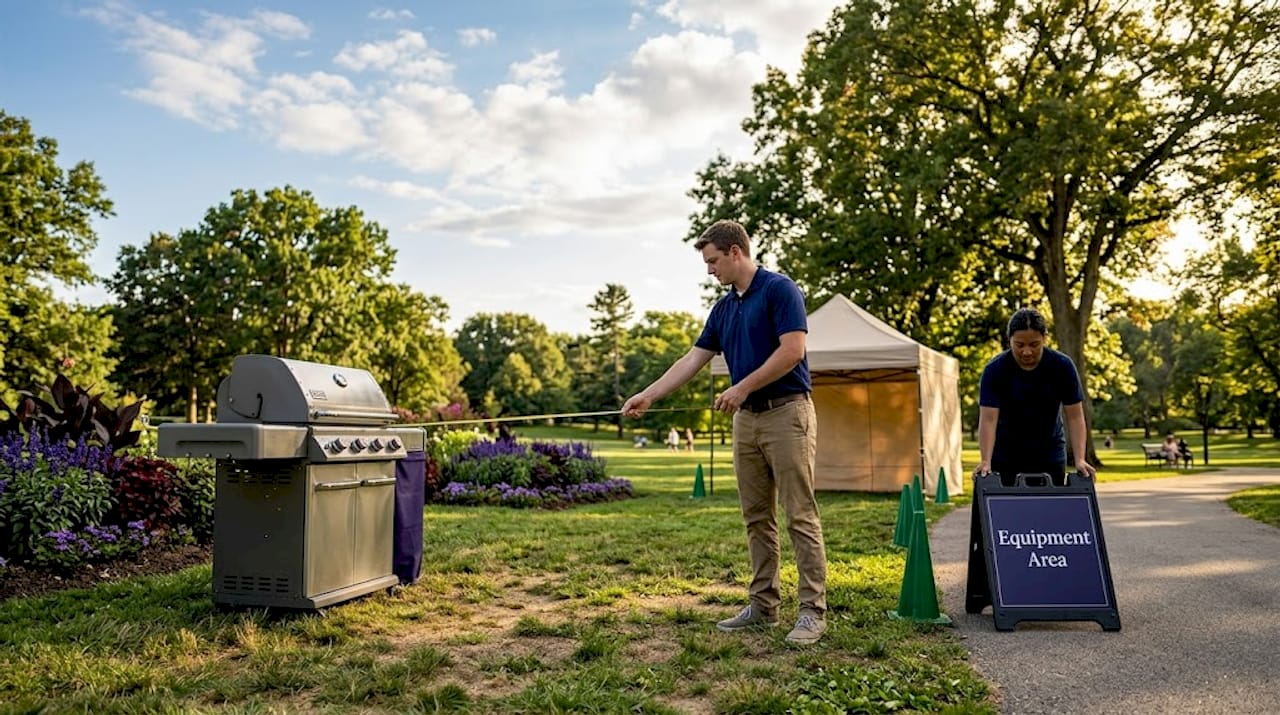 Staff measuring grill distance from event tent