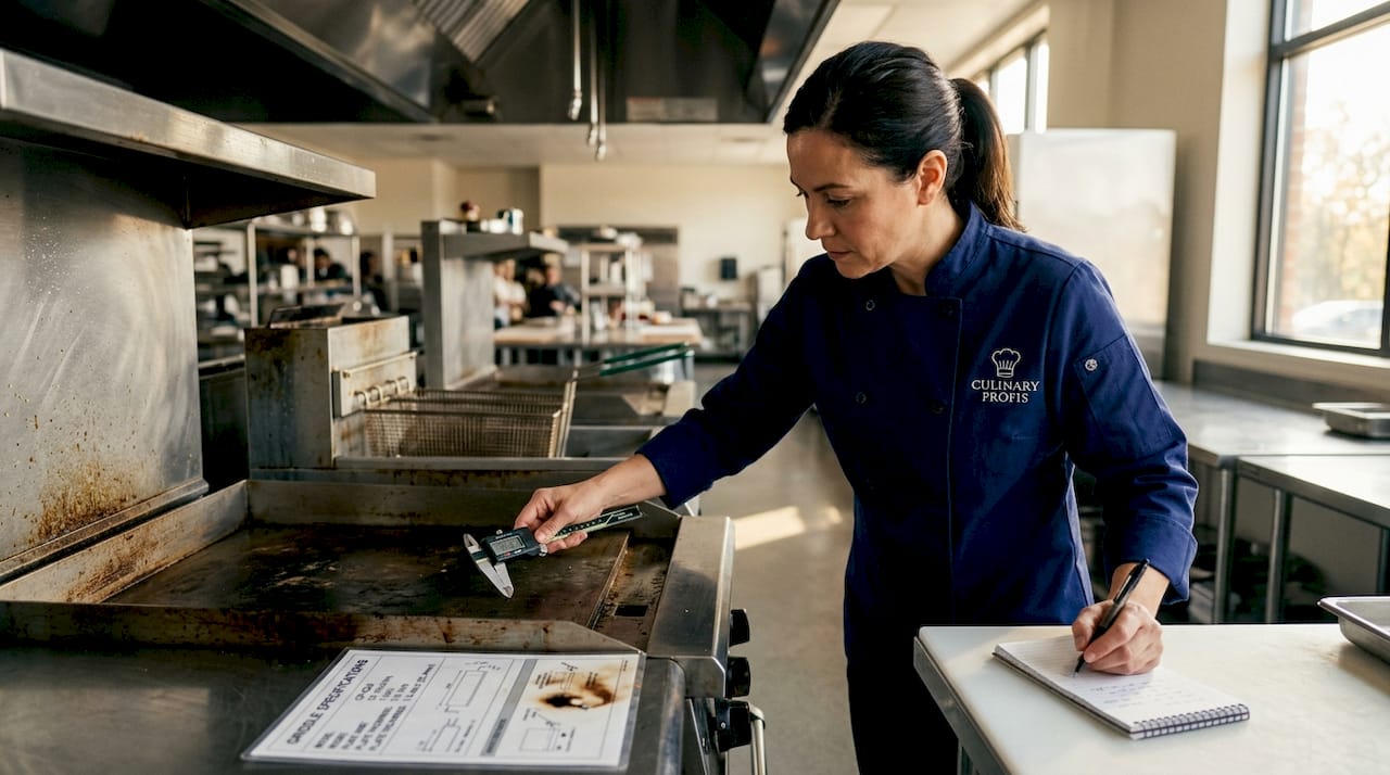 Manager measuring griddle plate thickness