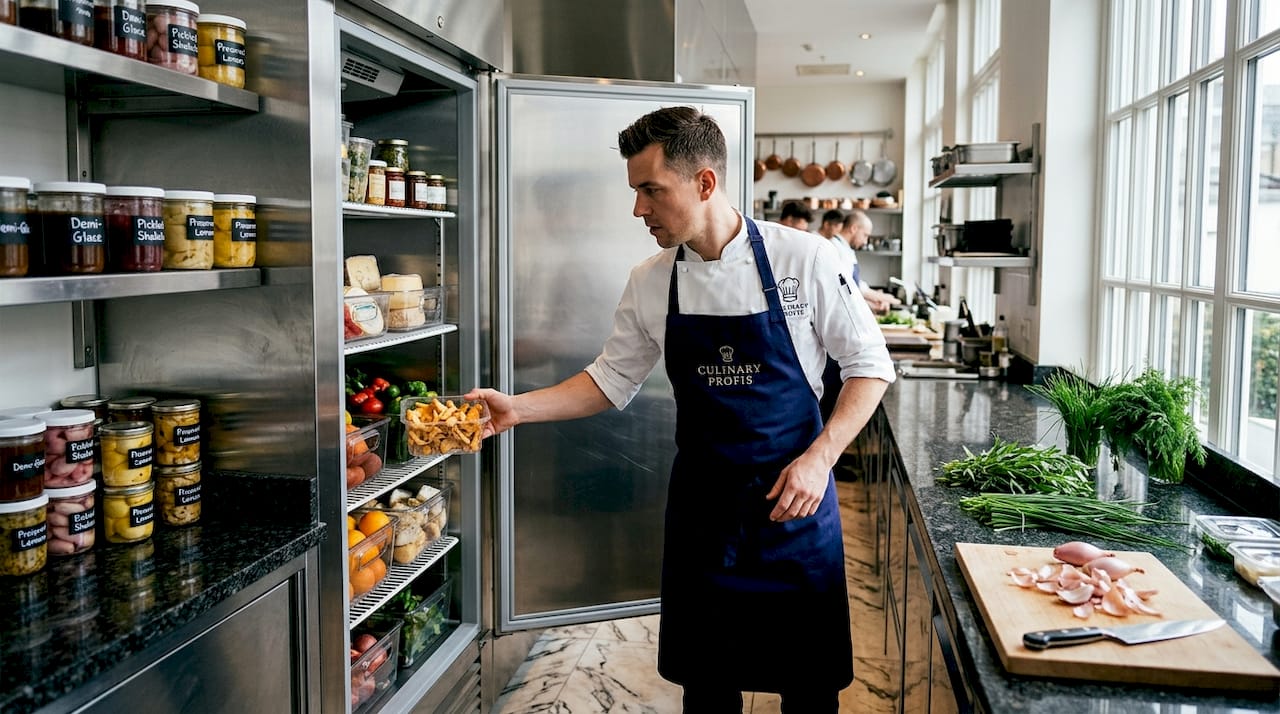 Chef accessing ingredients in compact kitchen refrigerator