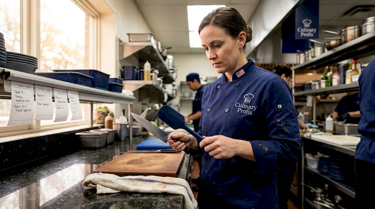 Sous chef inspects durable kitchen tools