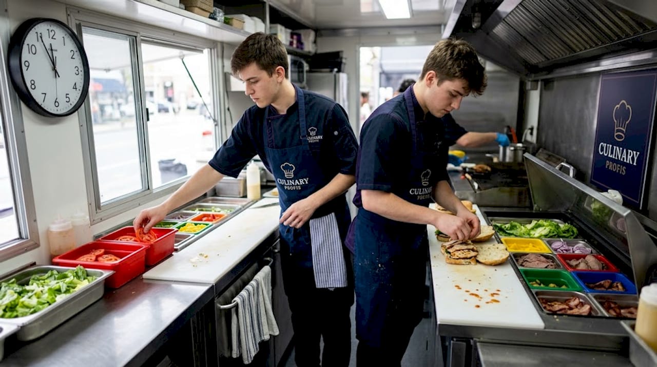 Staff assembling food on busy kitchen line