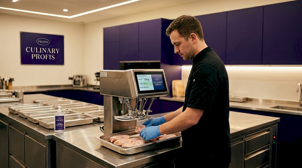 Worker using robotic food portioner for safety