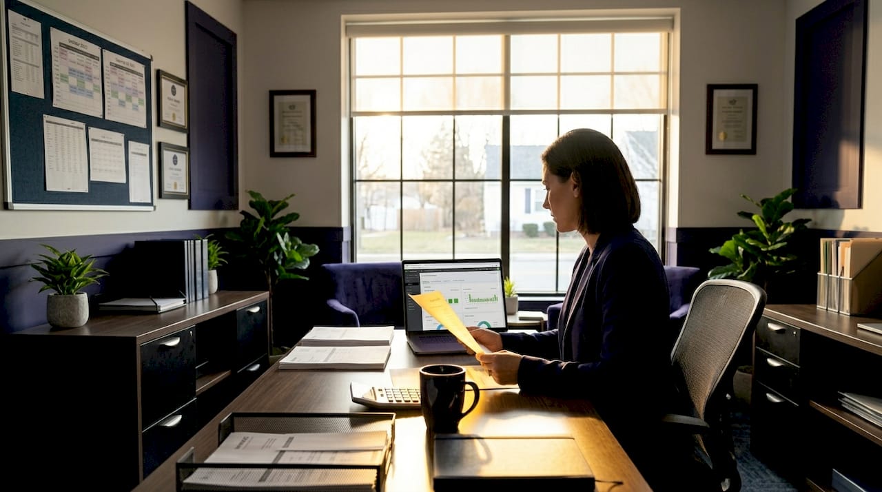 Restaurant manager checking financial records in office