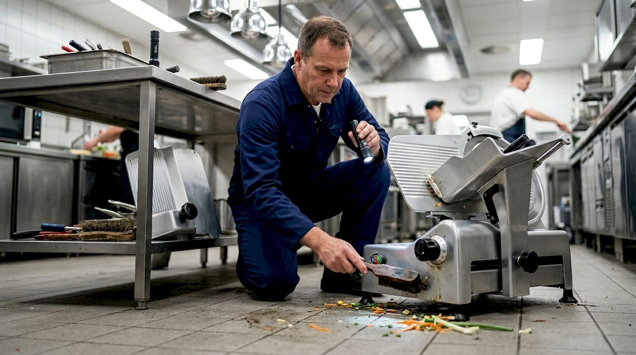 Technician inspects slicer for sanitary design