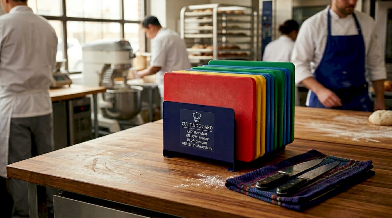 Color-coded cutting boards neatly stacked on storage rack