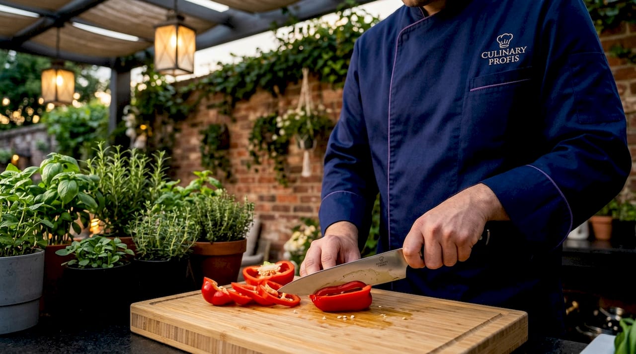 Chef's knife slicing tomato on cutting board