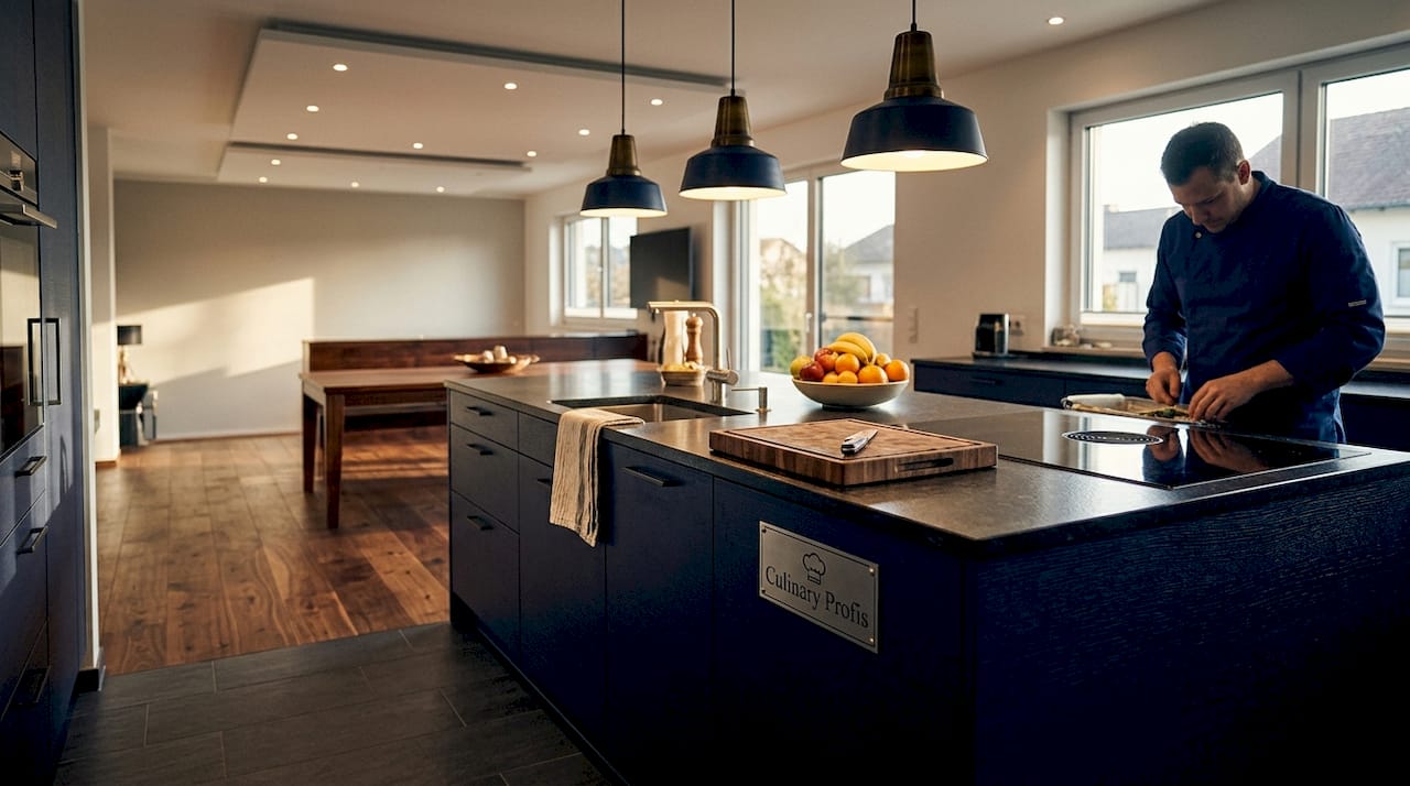 Open kitchen island with pendant lights and flooring transition