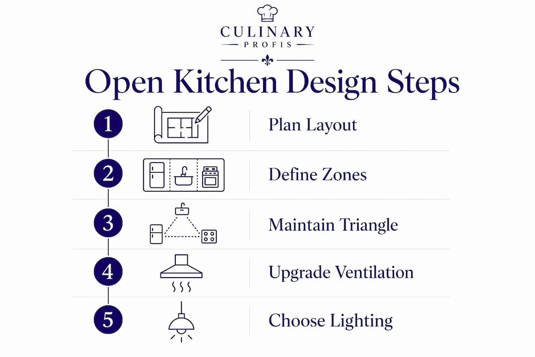 Infographic illustrating five steps in open kitchen design