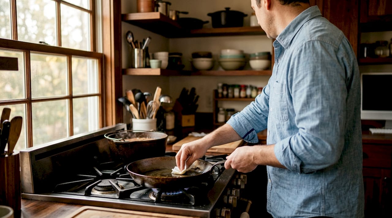 Hands seasoning carbon steel skillet on stove