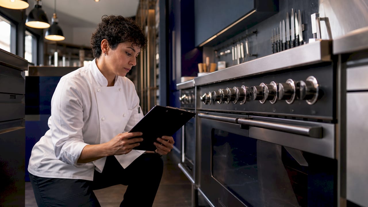 Chef inspecting leased kitchen equipment