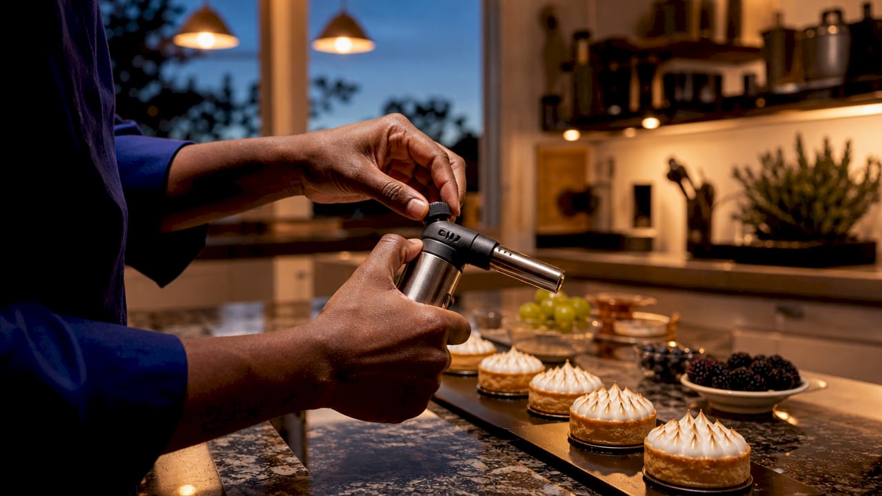 Hands adjusting flame on culinary torch
