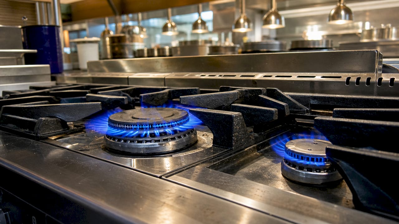 Close-up of commercial gas range burner flames