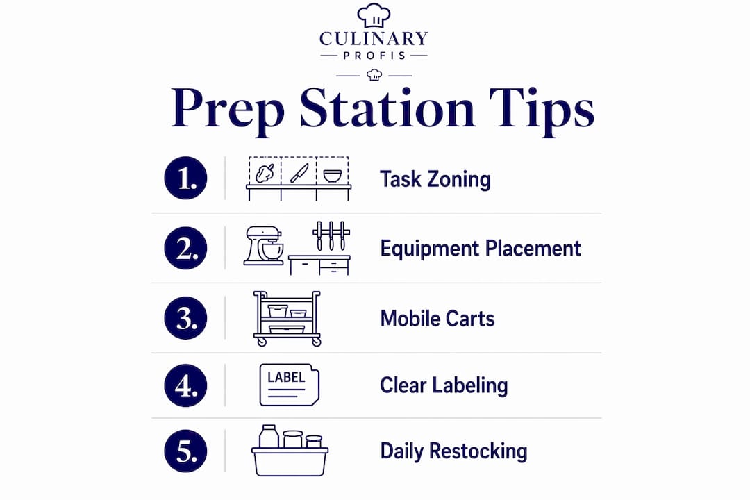 Infographic illustrating key prep station organization tips