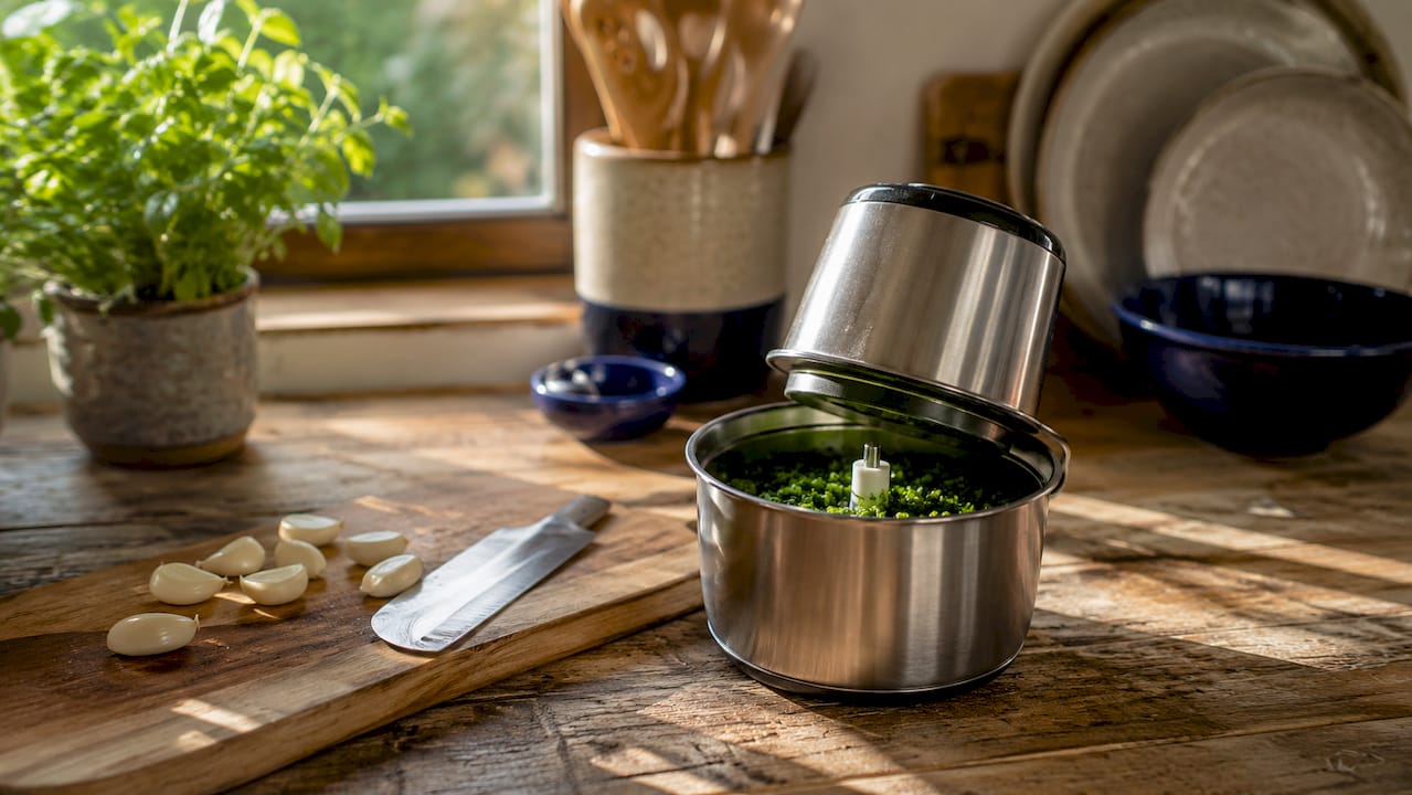Overhead view of mini food chopper with herbs and knife
