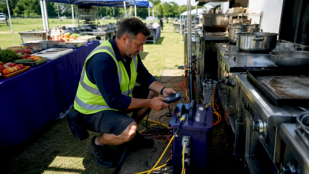 Technician testing portable power in tent kitchen