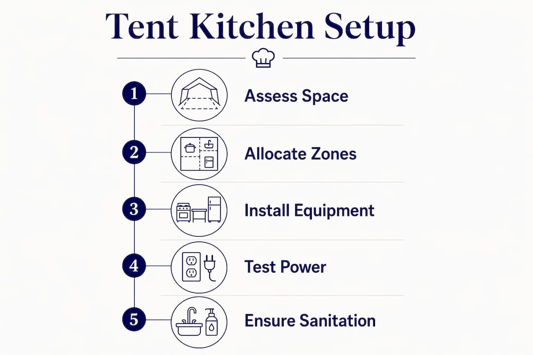Infographic illustrating tent kitchen setup steps