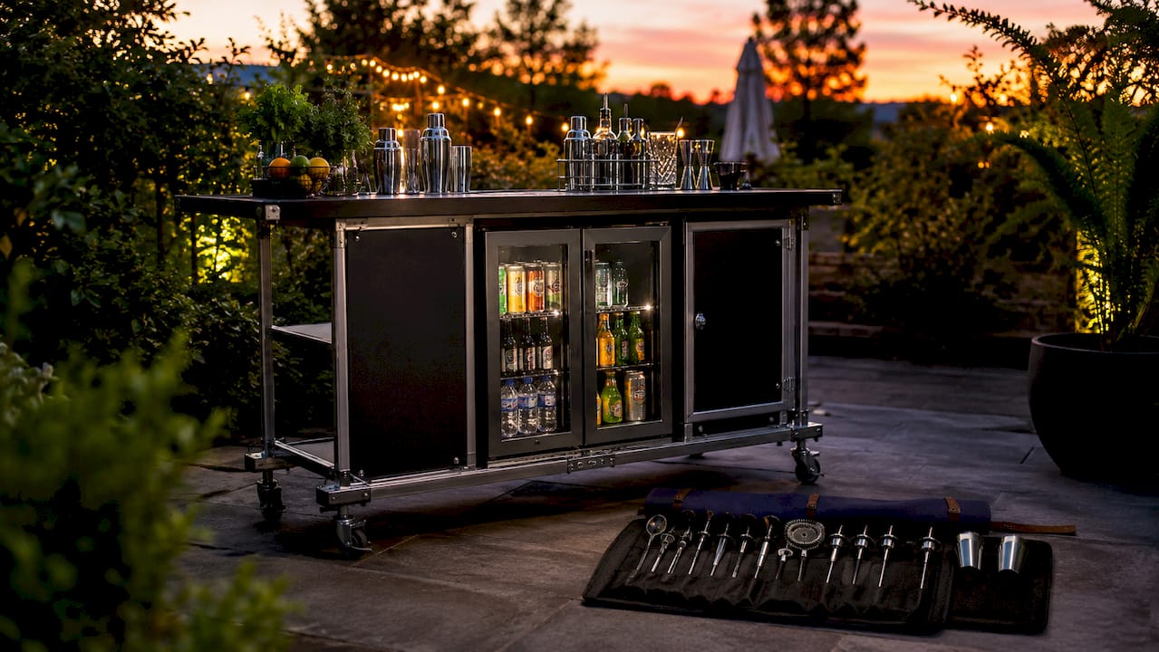 Portable bar components: frame, refrigerator, tools