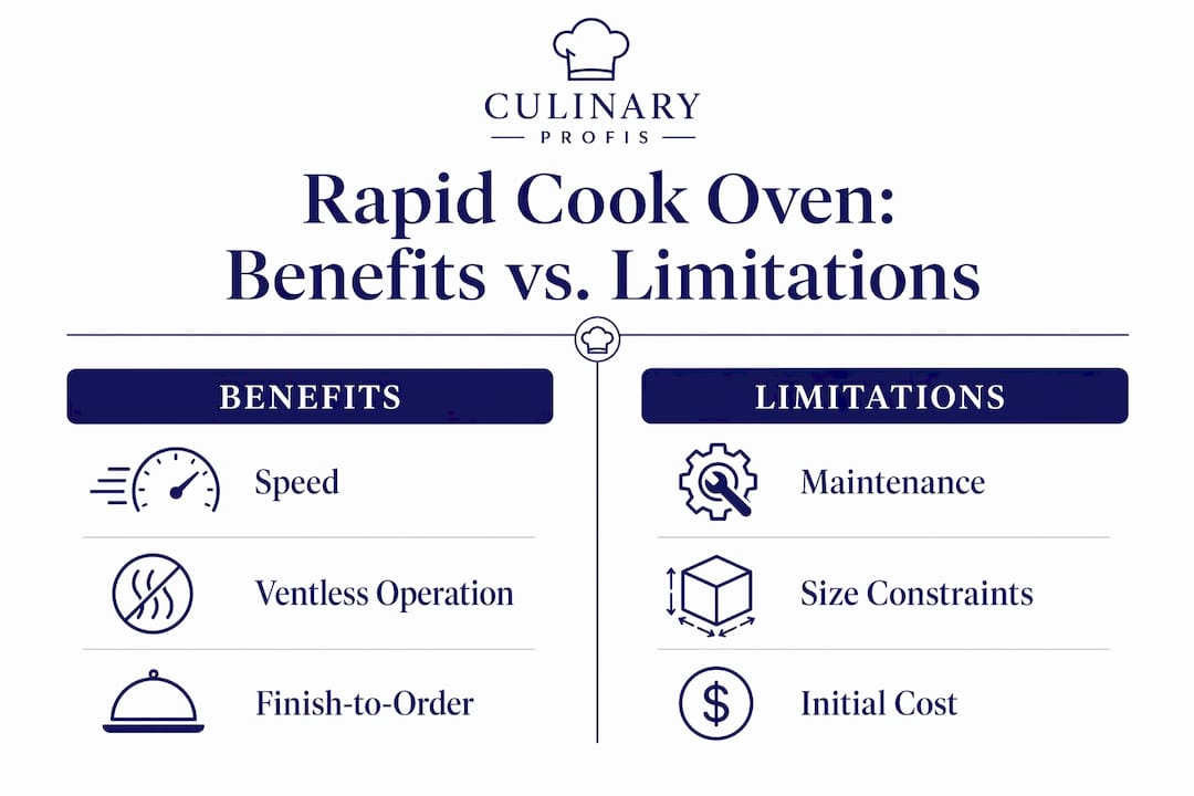 Infographic comparing benefits and limitations of rapid cook ovens