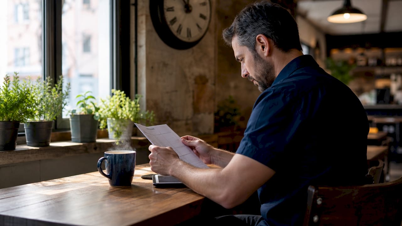 Technician reviewing kitchen equipment repair invoices