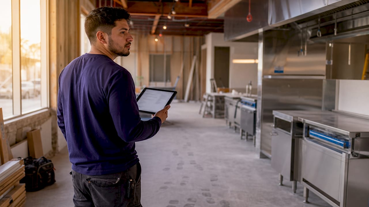 Contractor reviewing kitchen construction bids onsite