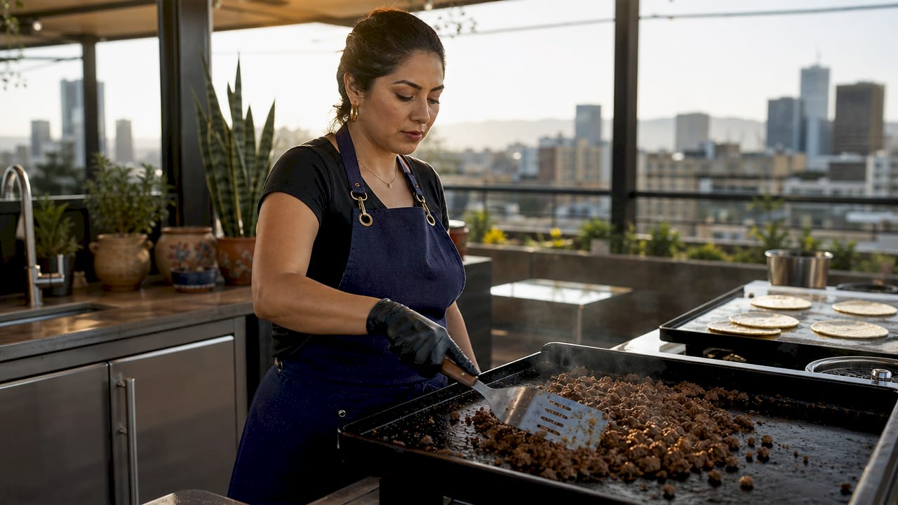 Close-up of woman cooking tacos on flat-top grill