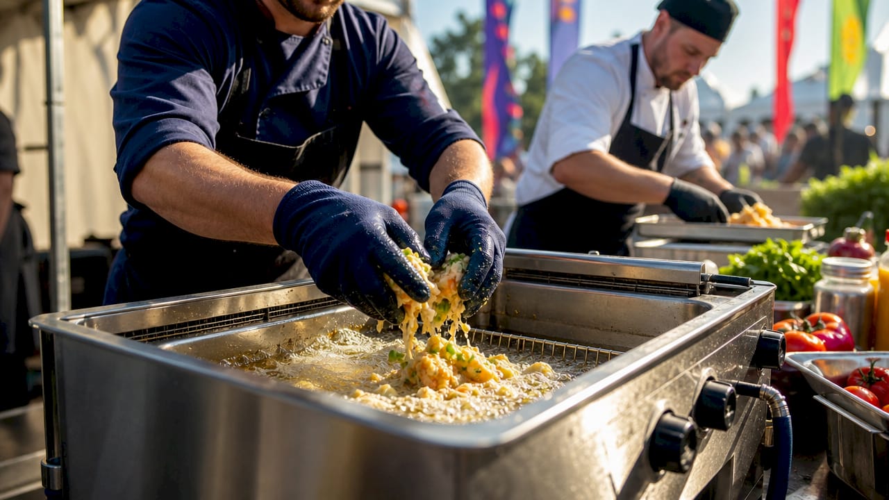 Hands lowering food into portable propane fryer