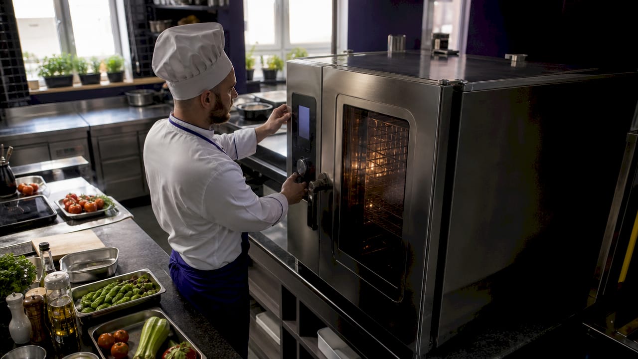 Chef adjusting combi oven controls