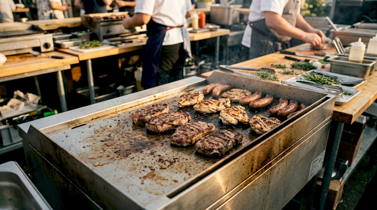 Close-up of commercial grill with seared meat
