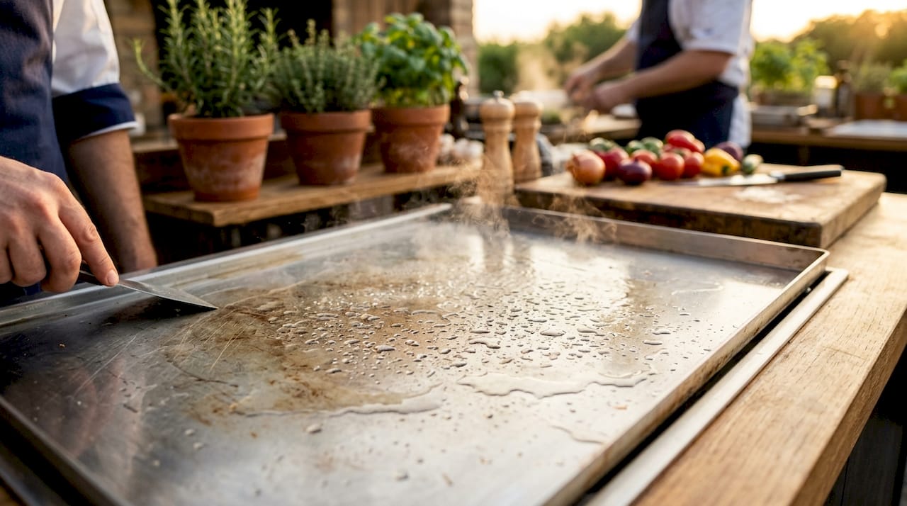 Close-up of heated stainless steel plancha griddle surface