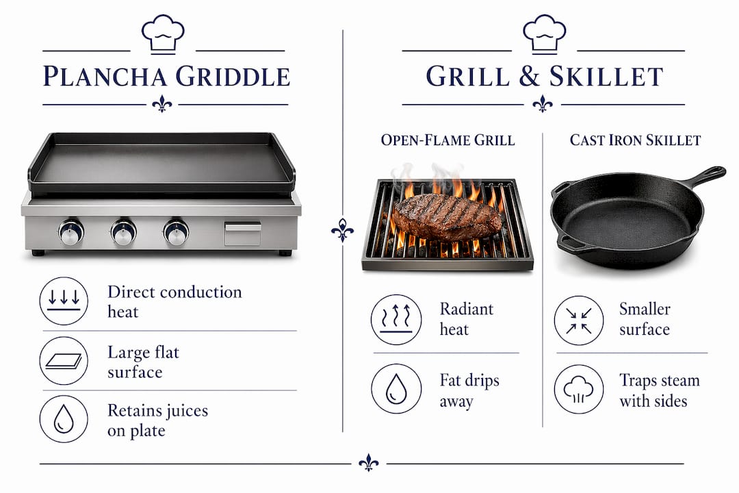 Infographic comparing plancha griddle with grills and skillets