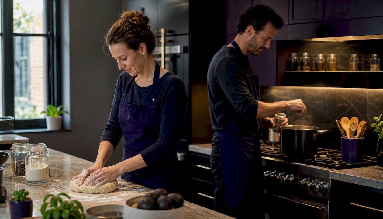 Couple working at professional ergonomic kitchen stations
