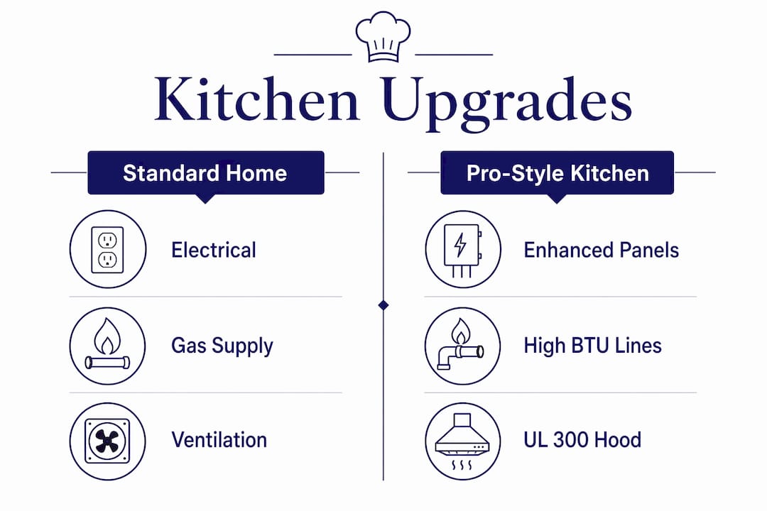 Infographic comparing standard vs pro-style kitchen infrastructure upgrades