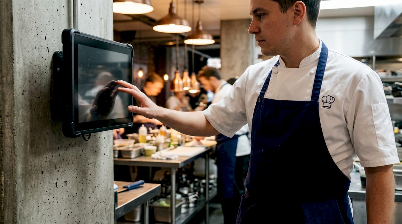 Chef interacting with kitchen display system touchscreen