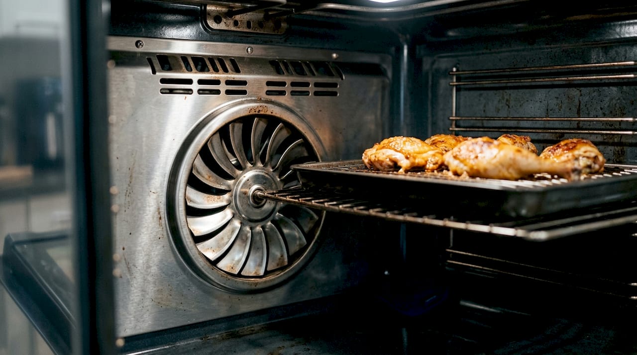 Convection oven fan and roast chicken inside oven