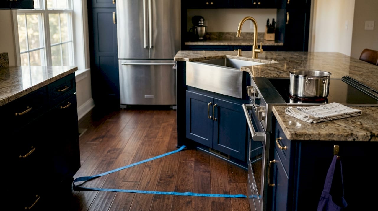 Overhead view kitchen work triangle layout