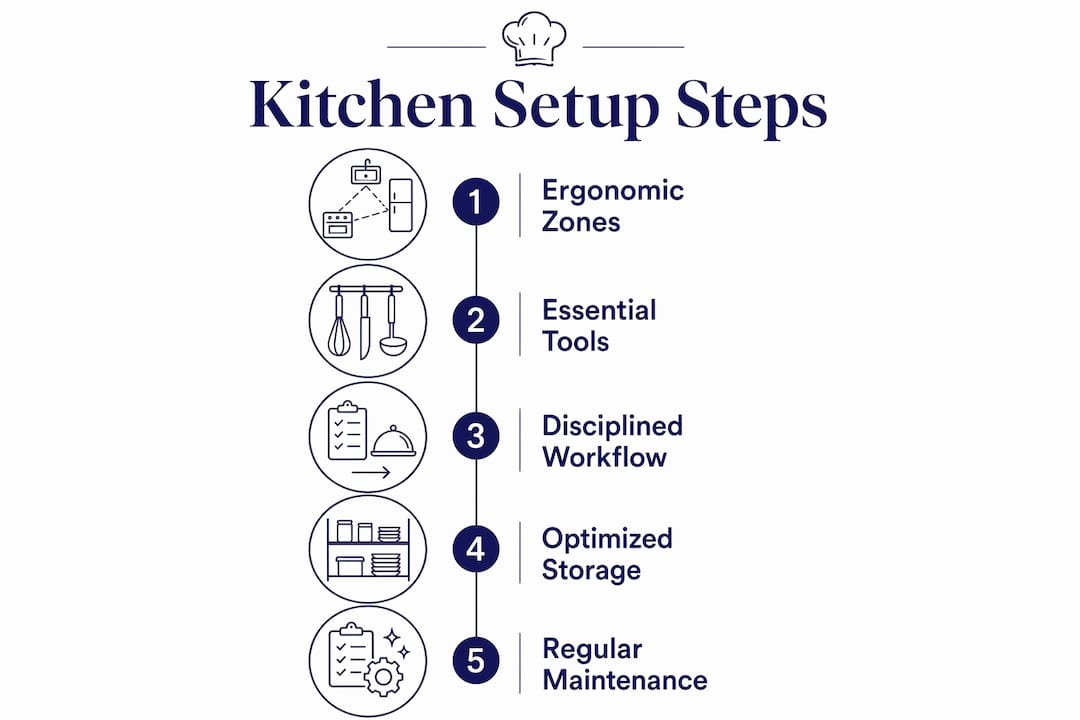 Infographic showing steps to set up a professional home kitchen