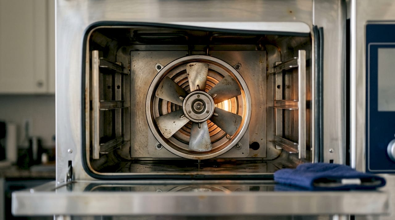 Close-up of turbo oven fan and heating element