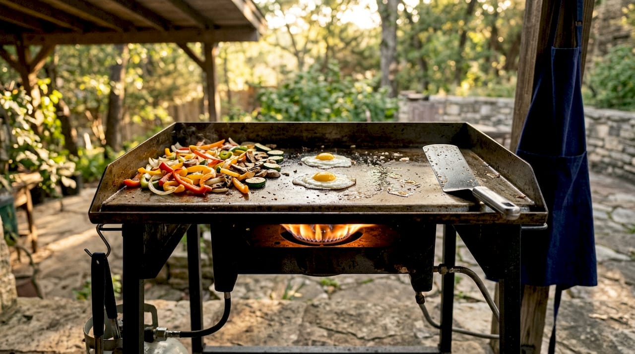 Close-up flat top griddle cooking vegetables and eggs