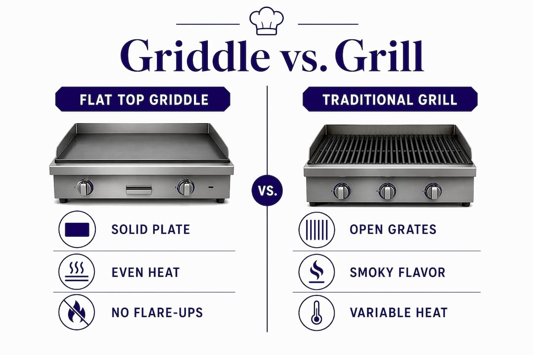 Infographic comparing flat top griddle and traditional grill features