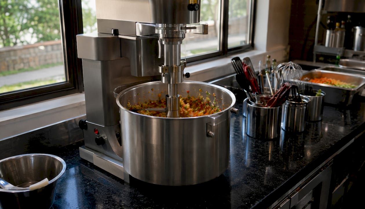Close-up vertical cutter mixer in commercial kitchen