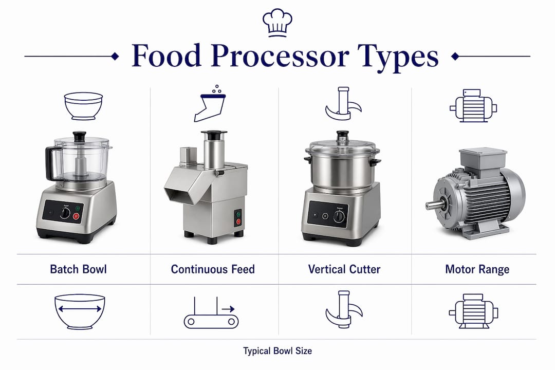 Infographic showing commercial food processor types hierarchy