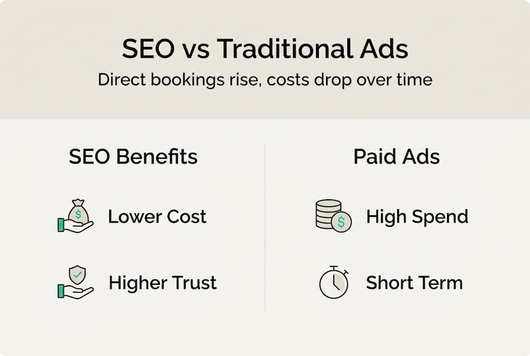 Infographic comparing SEO and paid ads for hotels