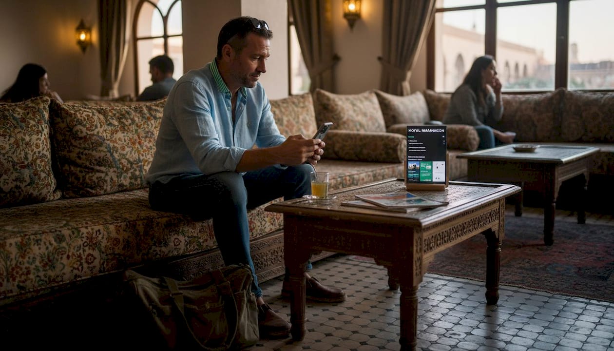 Hotel guest books room with smartphone in lounge