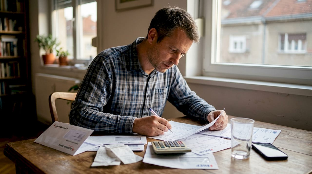 Muškarac sjedi za stolom i na papiru računa koliko njegova obitelj troši svaki mjesec.
