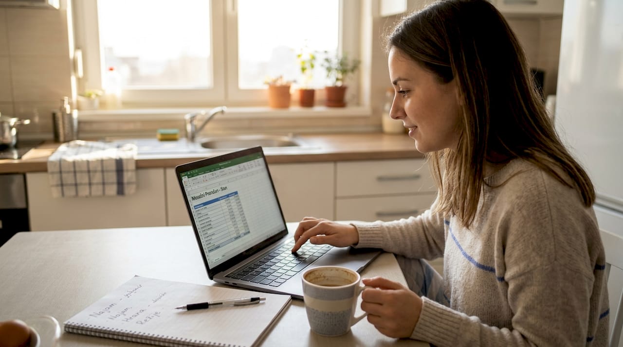 Dok sjedi za kuhinjskim stolom, žena pregledava svoje račune i planira kućni budžet.