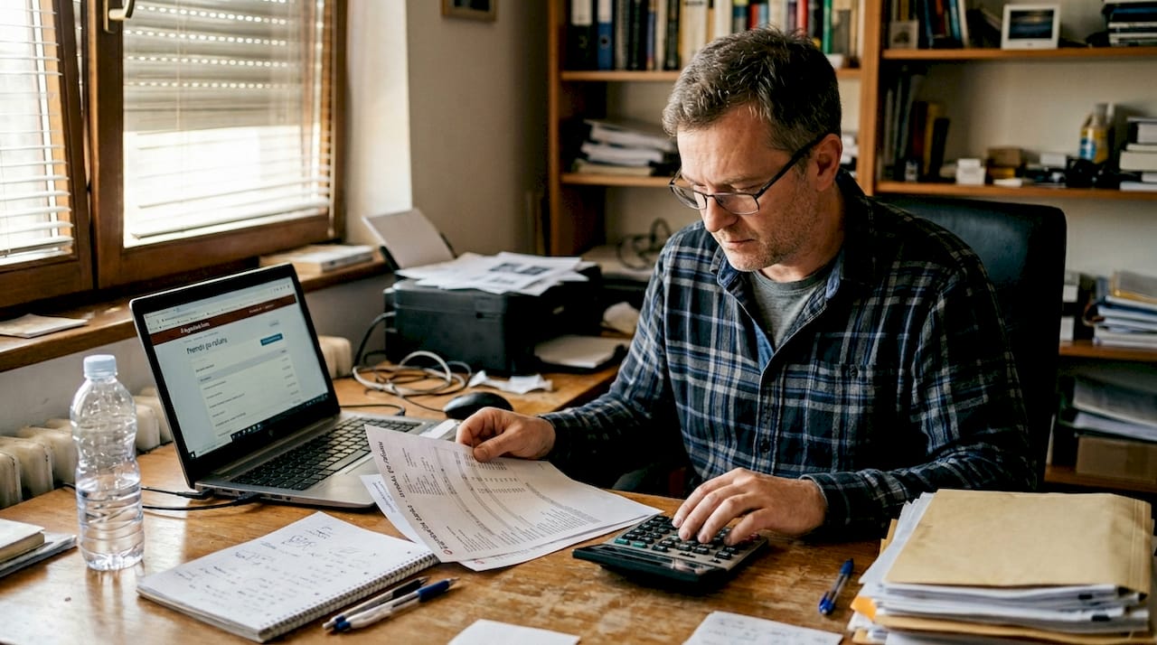 Muškarac za radnim stolom pažljivo računa kamate na kredit.